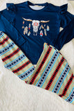 XCH0015-20H Western bull prints navy top aztec bell bottom 2pc girls sets