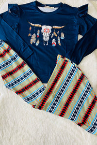 XCH0015-20H Western bull prints navy top aztec bell bottom 2pc girls sets