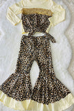 DLH2702 Cream & Sequin & Leopard prints 2pc girls clothing sets