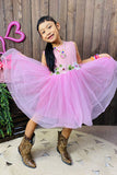 DLH2834 Pink knitted tank top & tulle princess girls  dress with/ floral embroidery