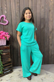 XCH04010 Mom and Me knit turquoise top & pant 2pc girls sets