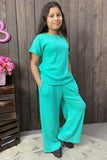 XCH04010 Mom and Me knit turquoise top & pant 2pc girls sets