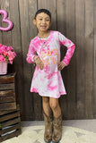 DLH2653 COWGIRL embroidery pink tie dye knit cotton long sleeve girls dress