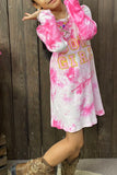 DLH2653 COWGIRL embroidery pink tie dye knit cotton long sleeve girls dress