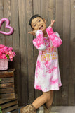 DLH2653 COWGIRL embroidery pink tie dye knit cotton long sleeve girls dress