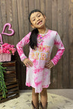 DLH2653 COWGIRL embroidery pink tie dye knit cotton long sleeve girls dress