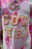 DLH2653 COWGIRL embroidery pink tie dye knit cotton long sleeve girls dress