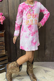 DLH2653 COWGIRL embroidery pink tie dye knit cotton long sleeve girls dress