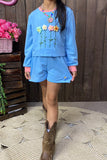 DLH2816 Flower embroidery blue short style pullover sweatshirt & short 2pc girls sets