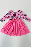 XCH0017-16H Girls hearts printed pink tulle long sleeve dress A1S1