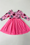 XCH0017-16H Girls hearts printed pink tulle long sleeve dress A1S1