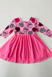 XCH0017-16H Girls hearts printed pink tulle long sleeve dress A1S1