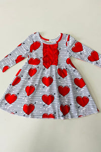 XCH0017-15H Red hearts & stripe printed long sleeve girls dress