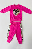 2401009M Hot pink leopard heart & pearl sweatshirt pant 2pc girls sets