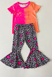 XCH0018-22  Pink & Orange printed top leopard & hearts bell bottom 2pcs girls sets