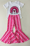 DLH2736 Kids "God is Love" & heart print top bell bottom 2pcs girls sets