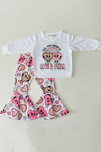 XCH0018-15H Kids "ALL YOU NEED IS LOVE A PIAAZ‘’ & hearts printed bell bottom 2pc girls sets