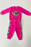 2401009M Hot pink leopard heart & pearl sweatshirt pant 2pc girls sets