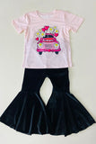 DLH2591 Cute AMOUR car & hearts print top & velvet black bell bottom 2pc girls sets