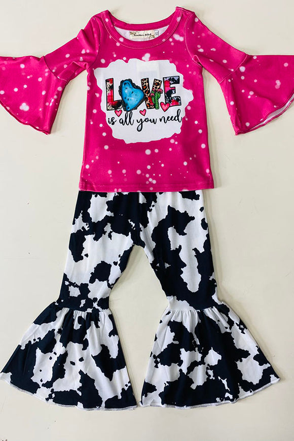 XCH0018-13H Kids ”Love is all you need“ print top cow bell-bottom 2pc girls sets