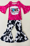 XCH0018-13H Kids ”Love is all you need“ print top cow bell-bottom 2pc girls sets