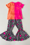 XCH0018-22  Pink & Orange printed top leopard & hearts bell bottom 2pcs girls sets