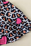 XCH0018-22  Pink & Orange printed top leopard & hearts bell bottom 2pcs girls sets