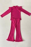 DLH2830 Pink knitted ruffle long sleeve & bell bottom 2pc girls clothing sets