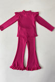 DLH2830 Pink knitted ruffle long sleeve & bell bottom 2pc girls clothing sets