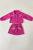 DLH2833 Corduroy floral embroidery coat & pink top & emboridery skirt 3pc girls sets