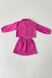 DLH2833 Corduroy floral embroidery coat & pink top & emboridery skirt 3pc girls sets