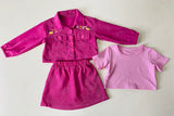 DLH2833 Corduroy floral embroidery coat & pink short sleeve top & emboridery skirt 3pc girls sets