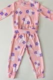 DLH2836 Pink flower prints knitted long sleeve top & pant 2pc girls sets