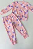 DLH2836 Pink flower prints knitted long sleeve top & pant 2pc girls sets