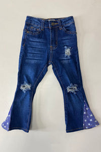 SP-C001 Blue denim with starts patch bell bottom girls denim jeans