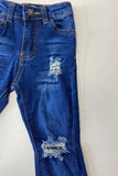 SP-C001 Blue denim with starts patch bell bottom girls denim jeans