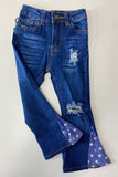 SP-C001 Blue denim with starts patch bell bottom girls denim jeans