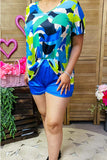 XCH15854 Turquoise printed top & blue shorts plus size 2pc women outfit sets