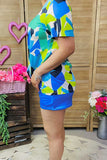 XCH15854 Turquoise printed top & blue shorts plus size 2pc women outfit sets