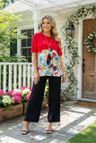 Red & Floral printed color block women top w/short sleeve GJQ15887 ES5
