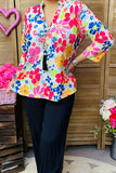 BQ15963 Multi color floral printed v-neckline 3/4 sleeves women tops