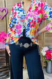 BQ15963 Multi color floral printed v-neckline 3/4 sleeves women tops