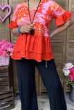 GJQ15910 Pink floral printed & orange ruffle short sleeve women top