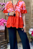 GJQ15910 Pink floral printed & orange ruffle short sleeve women top