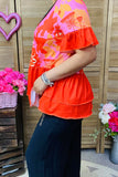 GJQ15910 Pink floral printed & orange ruffle short sleeve women top