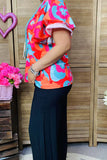 BQ15898 Pink & orange & turquoise printed bell sleeve women's blouse