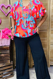 BQ15898 Pink & orange & turquoise printed bell sleeve women's blouse