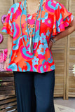 BQ15898 Pink & orange & turquoise printed bell sleeve women's blouse