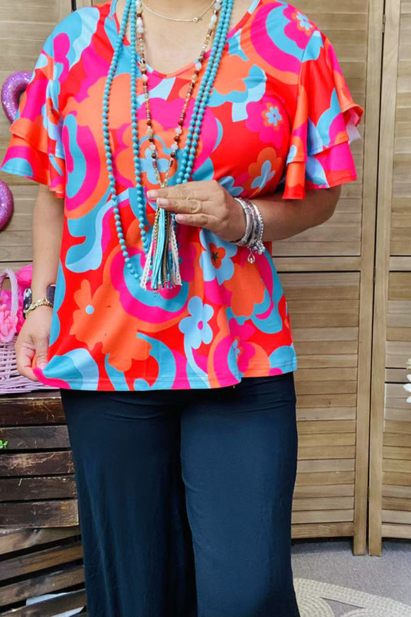 BQ15898 Pink & orange & turquoise printed bell sleeve women's blouse