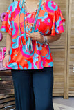 BQ15898 Pink & orange & turquoise printed bell sleeve women's blouse